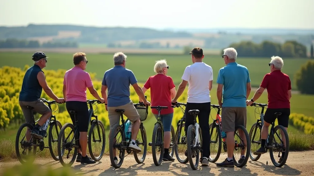 Group of cyclists gathered at a scenic viewpoint, looking at landscape, multiple generations present, friendly atmosphere, natural outdoor setting