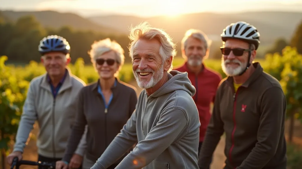 Group of senior cyclists gathered at winery, smiling with bikes, vineyard rows visible behind them