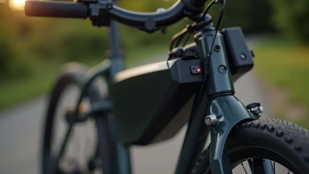 Close-up of e-bike battery pack mounted on frame showing charge indicator display