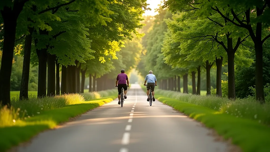 Flat cycling path lined with trees near Brno, two cyclists riding on well-maintained asphalt path