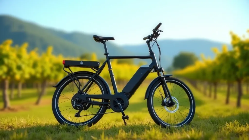 Electric bike parked on grass with vineyard hills visible in distance under blue sky