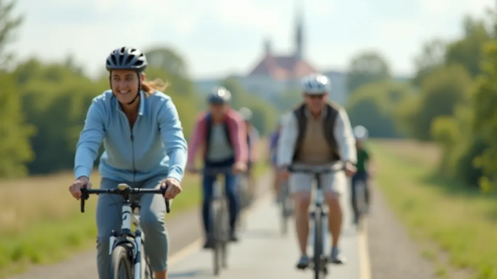 Guided cycling group near Brno city sign, cyclists in helmets on flat path with city buildings in background