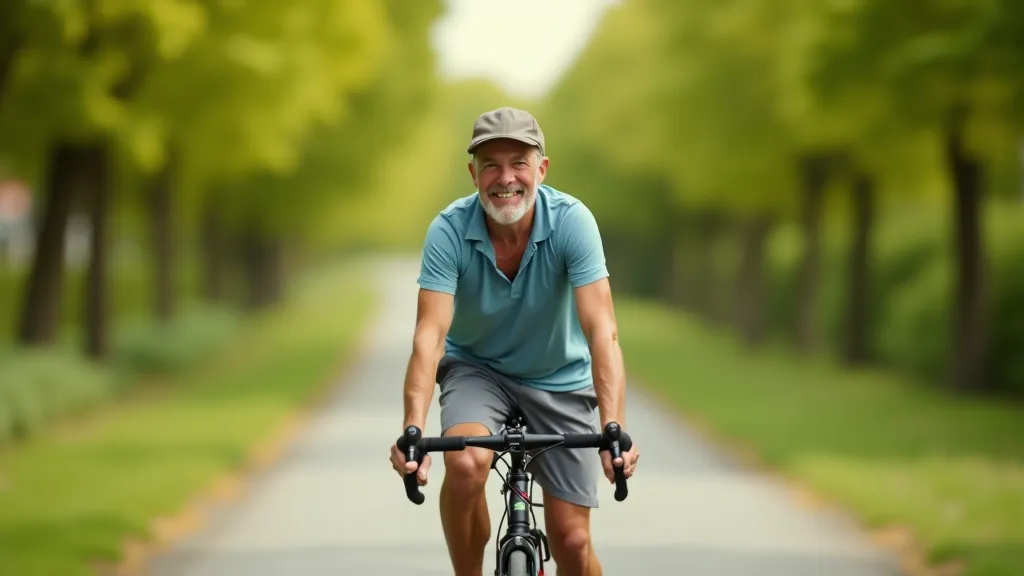 Senior cyclist aged 65+ riding e-bike on flat Elbe cycle path with trees lining the route