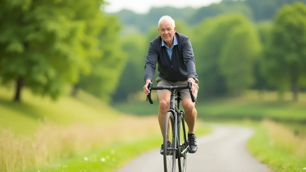 Older cyclist riding on flat paved path along river with green banks and trees in background